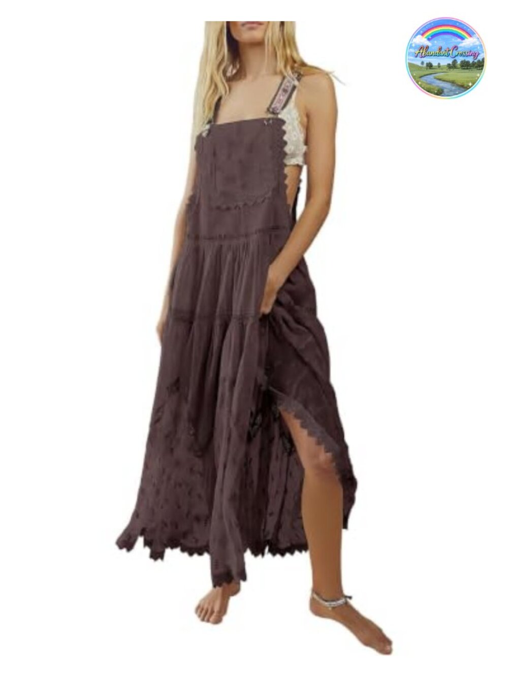 Lace Embroidered Tulle Bib Maxi Dress Loose Adjustable Straps Boho